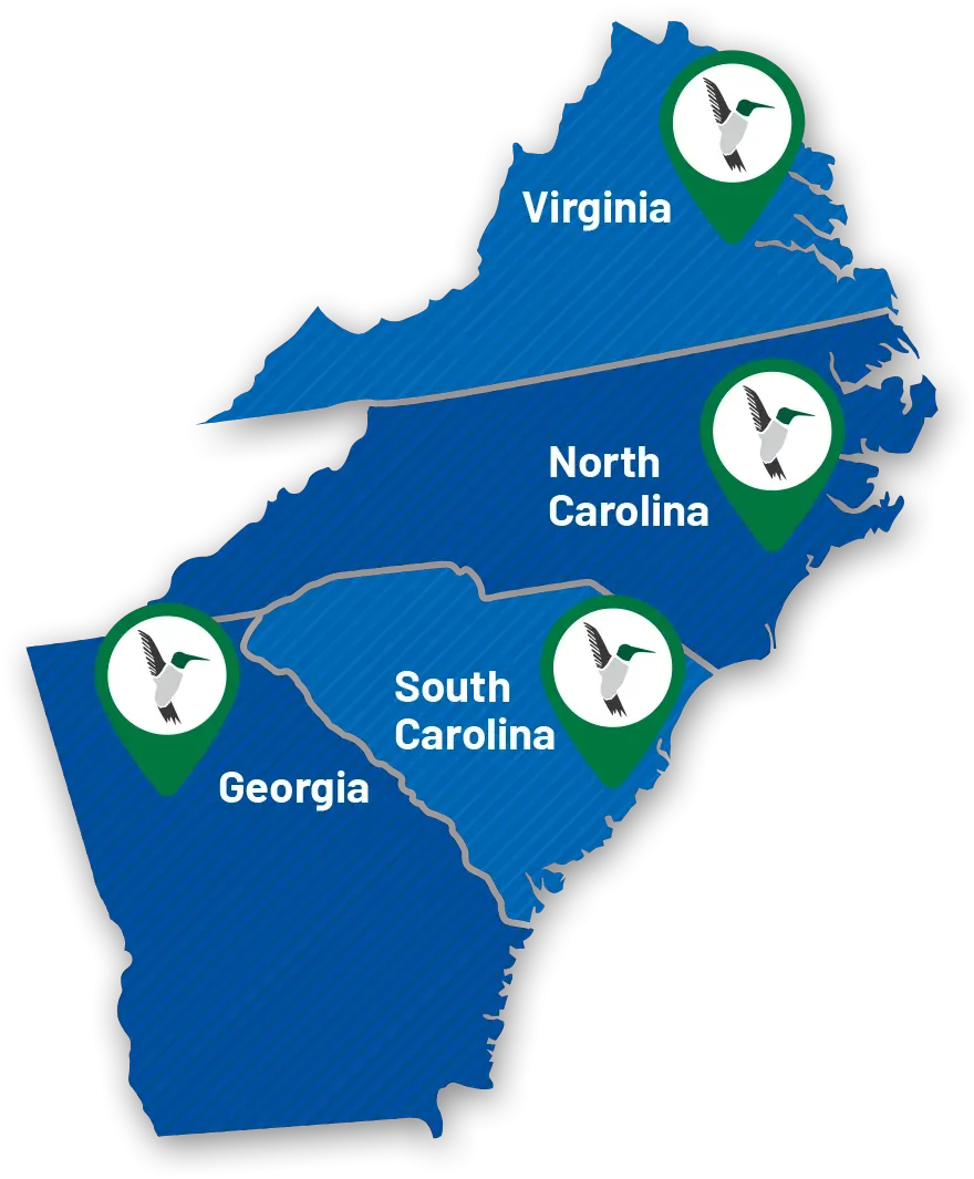 Freedom Lawns Service Area Map Georgia, South Carolina, North Carolina, and Virginia